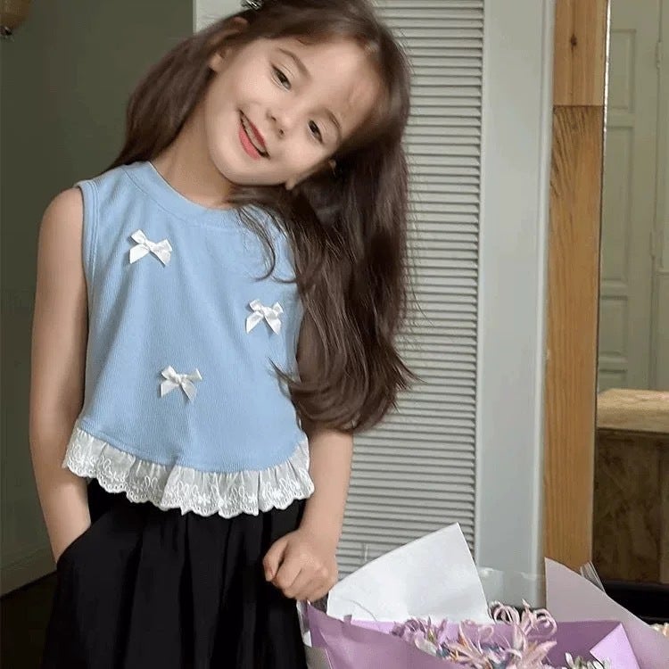 Girls' Korean Style Bow Small Vest Children'S Sweet Stitching Lace Sleeveless T-Shirt Top Trendy - Image 3