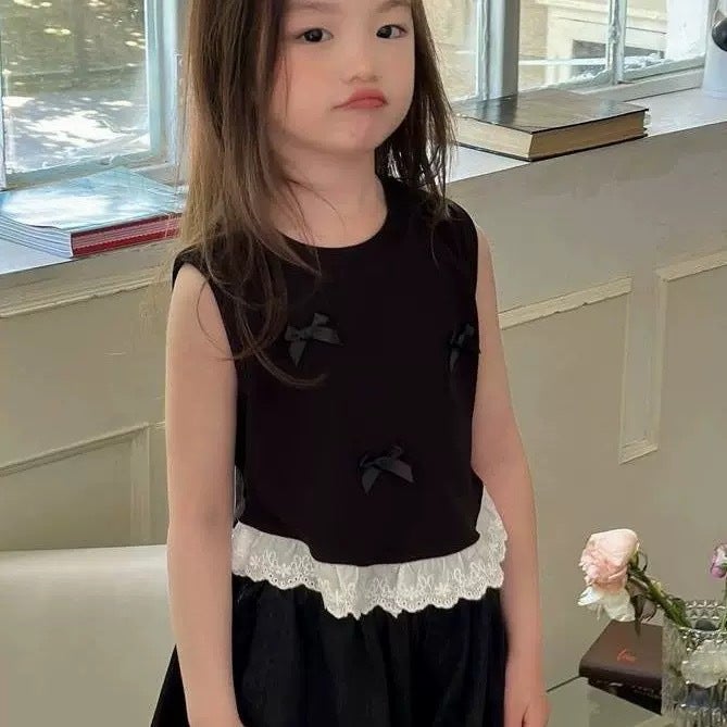 Girls' Korean Style Bow Small Vest Children'S Sweet Stitching Lace Sleeveless T-Shirt Top Trendy - Image 1