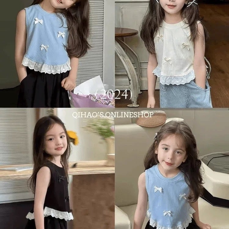 Girls' Korean Style Bow Small Vest Children'S Sweet Stitching Lace Sleeveless T-Shirt Top Trendy - Image 2
