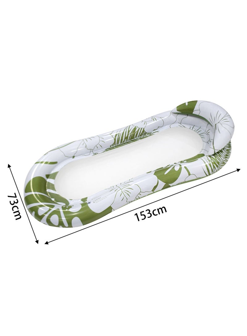 Green Floral Inflatable Pool Float Hammock Lounge Chair, 153cm Water Mesh Floating Bed with Headrest, Summer Beach Float for Adults - Image 2