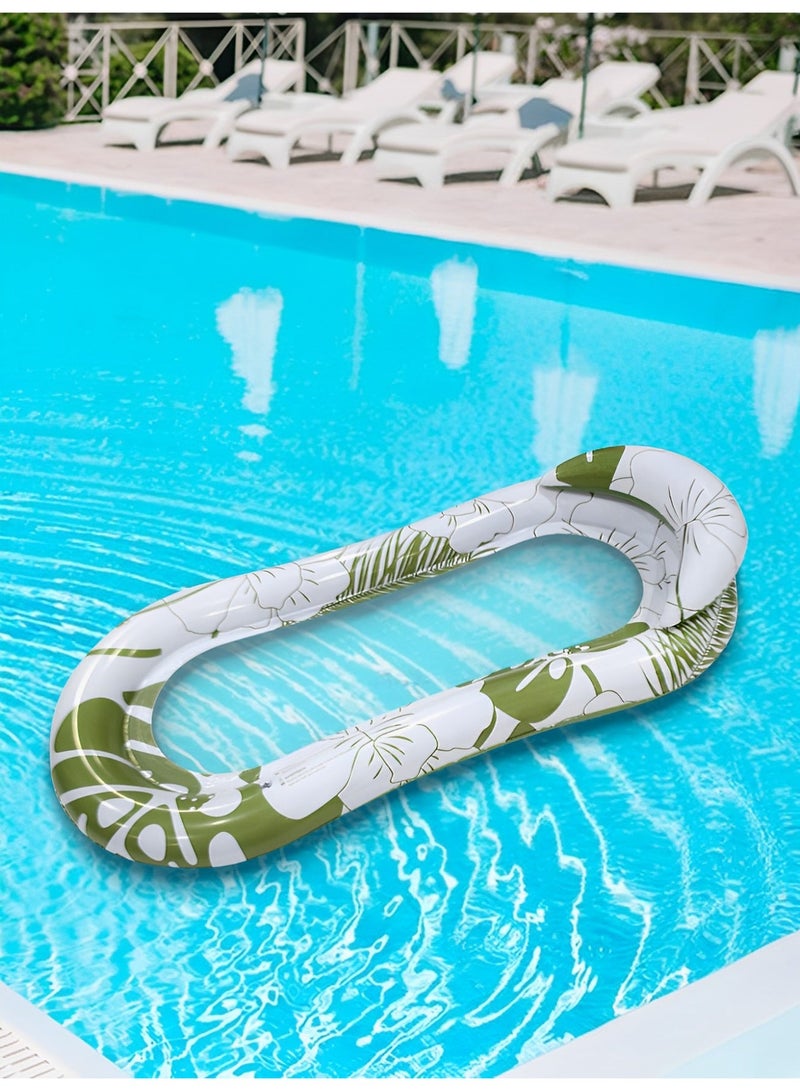 Green Floral Inflatable Pool Float Hammock Lounge Chair, 153cm Water Mesh Floating Bed with Headrest, Summer Beach Float for Adults - Image 3