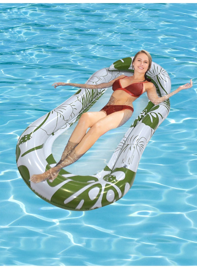 Green Floral Inflatable Pool Float Hammock Lounge Chair, 153cm Water Mesh Floating Bed with Headrest, Summer Beach Float for Adults - Image 4