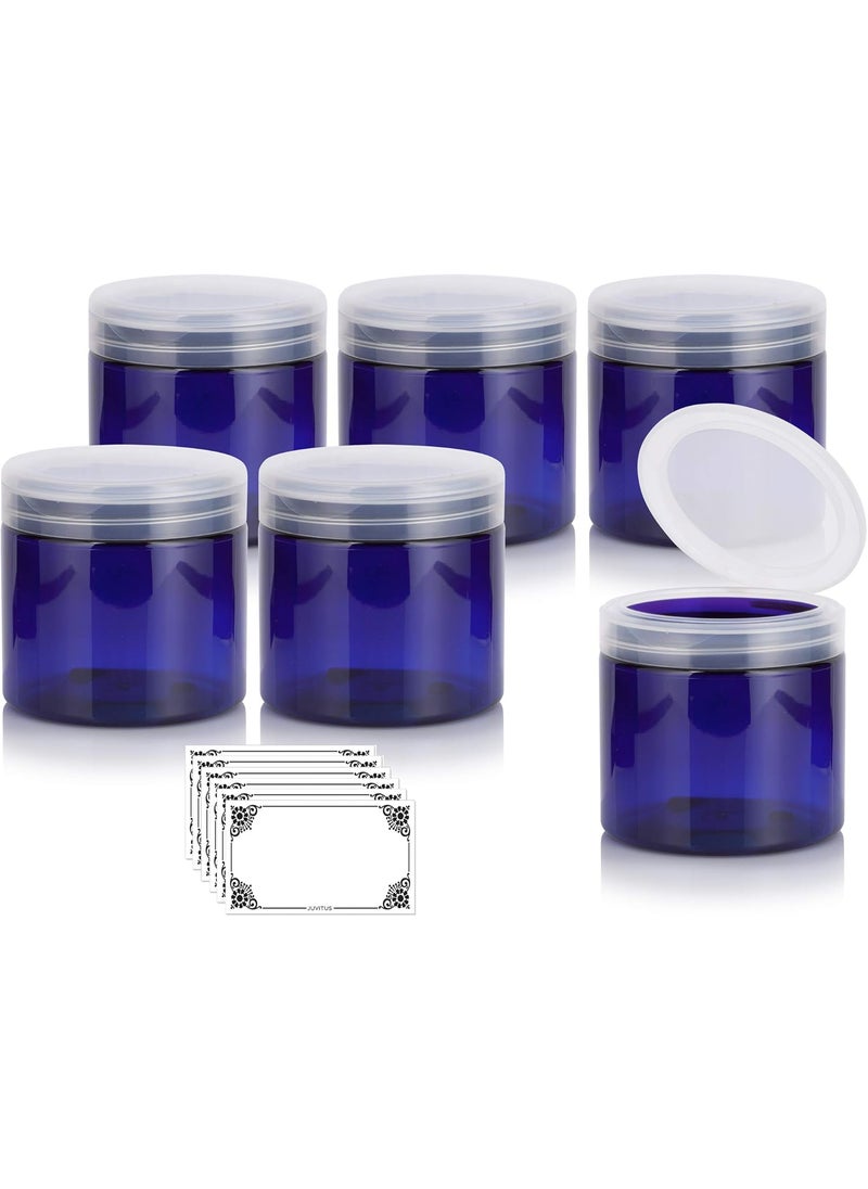 JUVITUS JUVITUS Cobalt PET Plastic (BPA Free) Refillable Jar with Clear Natural Flip Top Cap - 16 oz (6 Pack) + Labels 
