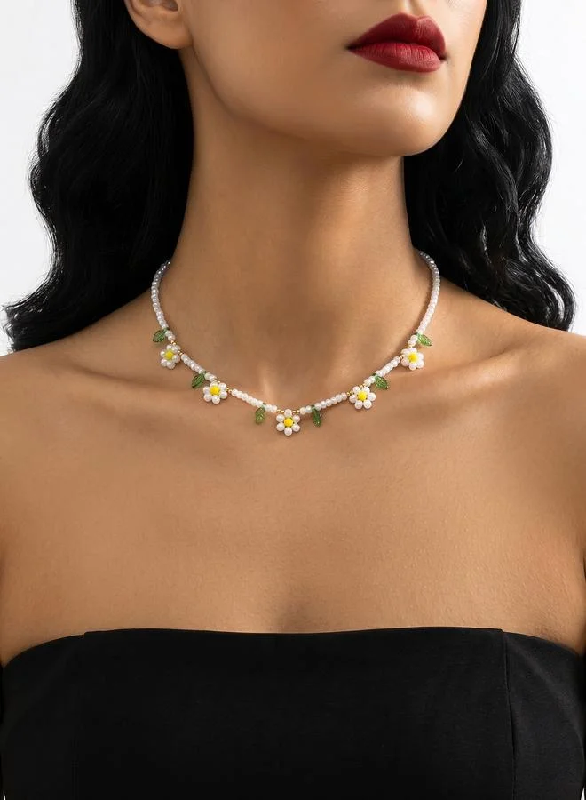 Flower and Leaf Glass Beaded Necklace
