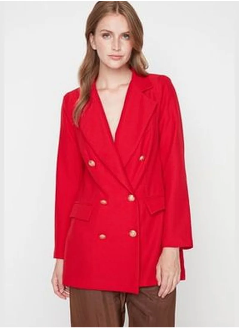 trendyol Red Oversize Lined Double Breasted Closure Button Detailed Jacket