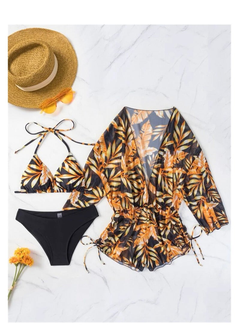 Loquat 3 Piece Swimsuit Print Halter Strappy Swimsuit Bikini Brown - Image 1