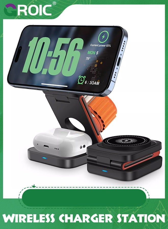 GROIC Black 3 in 1 Wireless Charging, 15 kW Fast Charger Foldable wireless charger for iphone 15/14/13/12/11/8 with Magnetic apple watch charger for Apple Devices iphone Apple Watch, Airpods  - Image 1