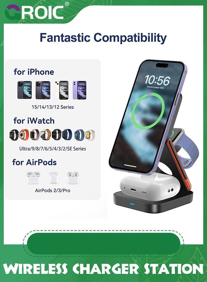 GROIC Black 3 in 1 Wireless Charging, 15 kW Fast Charger Foldable wireless charger for iphone 15/14/13/12/11/8 with Magnetic apple watch charger for Apple Devices iphone Apple Watch, Airpods  - Image 2