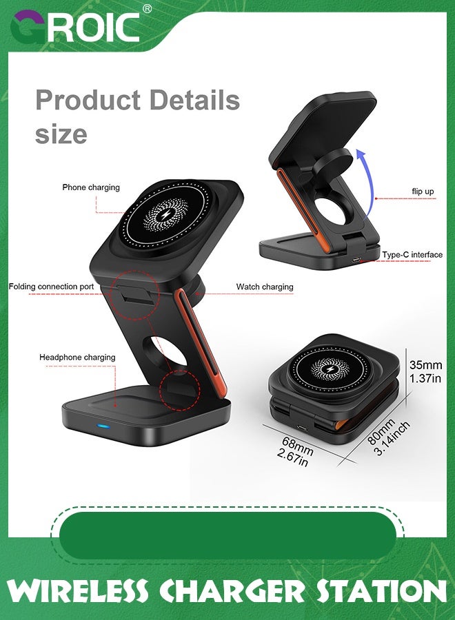 GROIC Black 3 in 1 Wireless Charging, 15 kW Fast Charger Foldable wireless charger for iphone 15/14/13/12/11/8 with Magnetic apple watch charger for Apple Devices iphone Apple Watch, Airpods  - Image 4