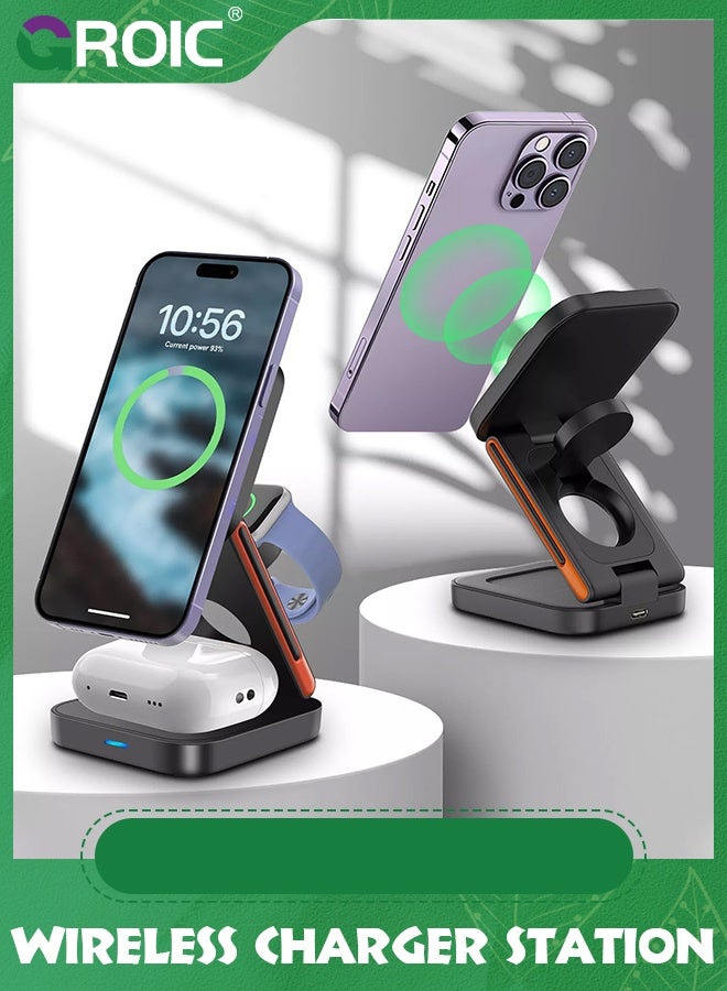 GROIC Black 3 in 1 Wireless Charging, 15 kW Fast Charger Foldable wireless charger for iphone 15/14/13/12/11/8 with Magnetic apple watch charger for Apple Devices iphone Apple Watch, Airpods  - Image 5