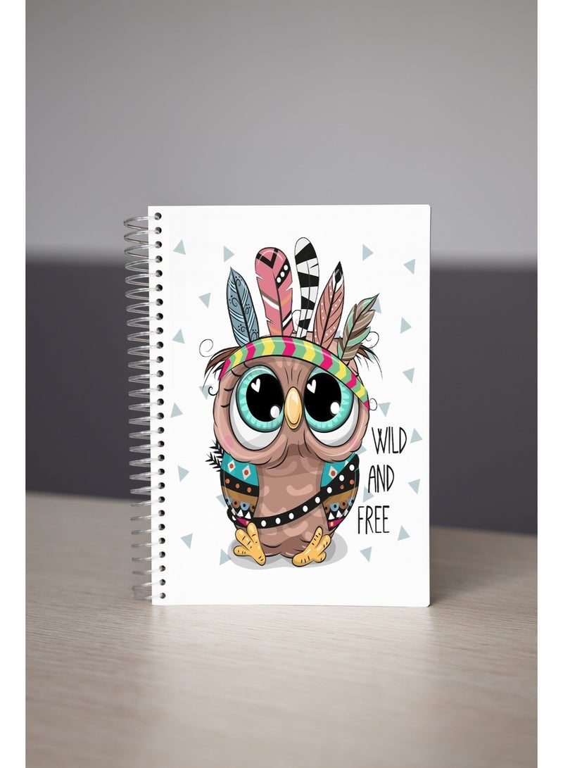 Spiral Notebook with Cute Tribal Owl Design, Wild and Free Theme, Lined Writing Paper with Subject and Date Fields,NoteBook Wood Cover 20x15cm,50 pages - Image 1