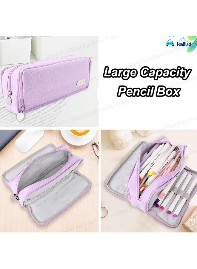 FunBlast Large Capacity Pencil Box for Girls & Boys, 3 Compartments Canvas Pen & Pencil Pouches, Aesthetic Stationery Pouch for School Kids College Students, Birthday Return Gift for Kids (Purple) - Image 3