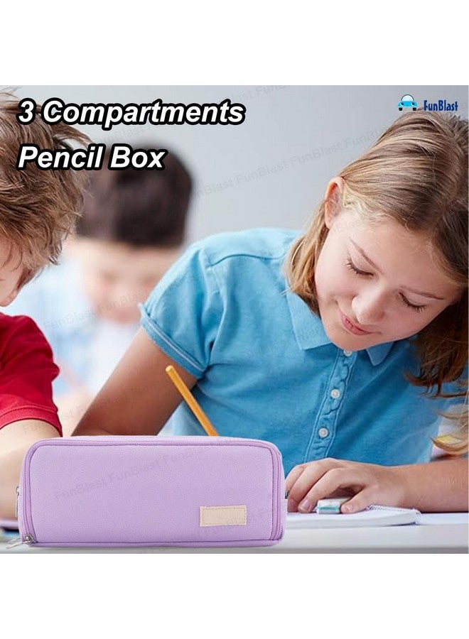 FunBlast Large Capacity Pencil Box for Girls & Boys, 3 Compartments Canvas Pen & Pencil Pouches, Aesthetic Stationery Pouch for School Kids College Students, Birthday Return Gift for Kids (Purple) - Image 5