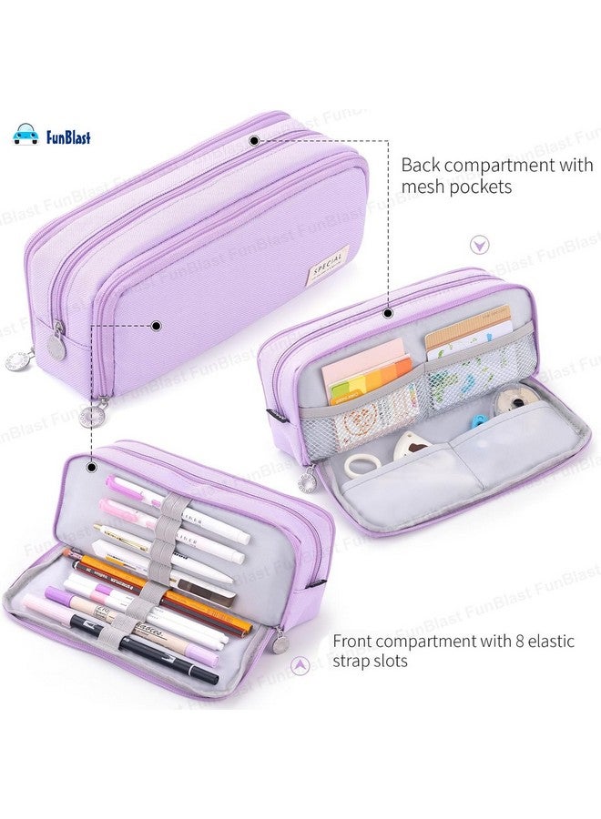 FunBlast Large Capacity Pencil Box for Girls & Boys, 3 Compartments Canvas Pen & Pencil Pouches, Aesthetic Stationery Pouch for School Kids College Students, Birthday Return Gift for Kids (Purple) - Image 4