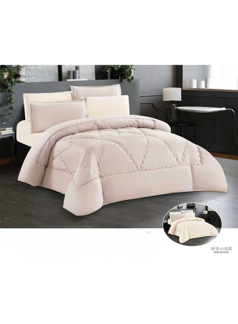 A plain, double-sided summer bed set for one and a half people, consisting of 4 pieces. It features a modern design and geometric quilted fabric, giving it an elegant hotel look. The set includes: 1 duvet (180*240 cm), 1 fitted sheet (140*200 cm), 1 pillowcase (50*80 cm), and 1 cushion (50*50 cm).