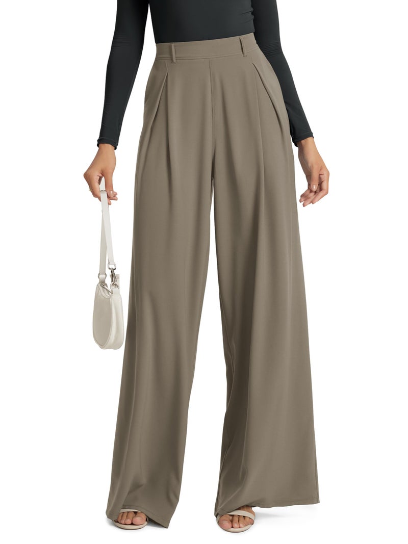 ODODOS Pleated Wide Leg Pants for Women Flowy Lightweight High Waist Trouser with Pockets-29 Inseam, Dune, Medium - Image 1