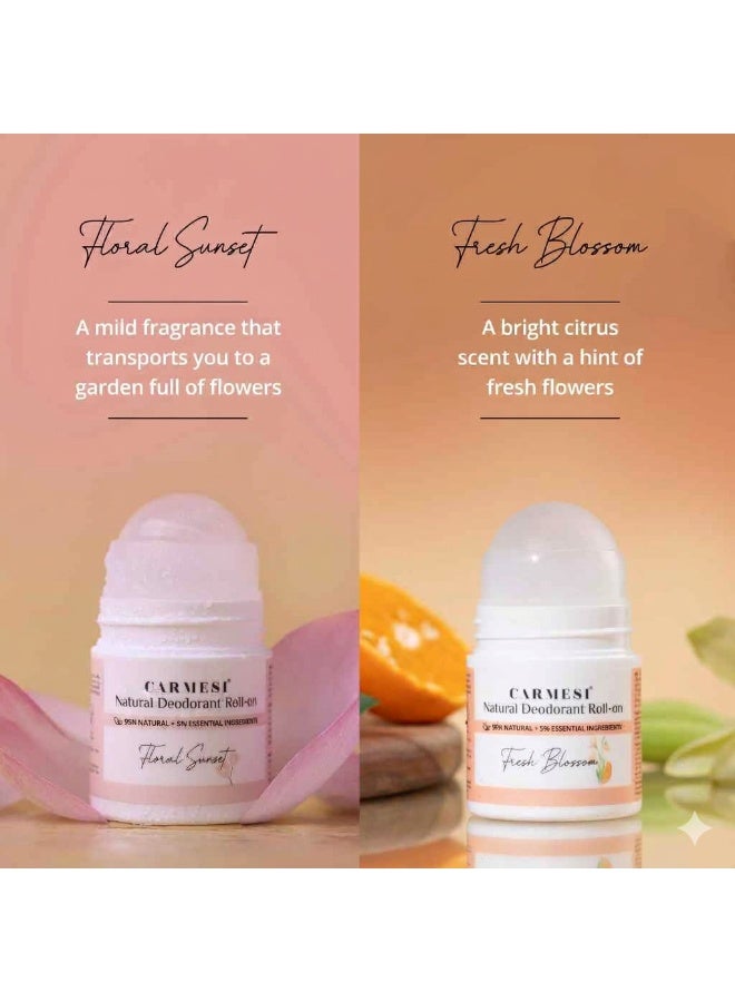 كارميسي مجموعة مزيلات العرق الدوارة لمنطقة تحت الإبط للنساء من Carmesi - تشكيلة Glow Revive وFloral Sunset وSweet Summer (3 عبوات × 50 مل) | يقلل التصبغات ويتحكم في الروائح | لمنطقة تحت الإبطين تنعم بالانتعاش | يحتوي على 2% (وزناً/وزناً) من حمض الساليسيليك - Image 2