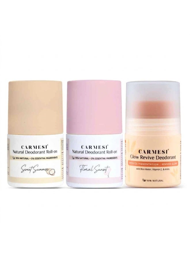 كارميسي مجموعة مزيلات العرق الدوارة لمنطقة تحت الإبط للنساء من Carmesi - تشكيلة Glow Revive وFloral Sunset وSweet Summer (3 عبوات × 50 مل) | يقلل التصبغات ويتحكم في الروائح | لمنطقة تحت الإبطين تنعم بالانتعاش | يحتوي على 2% (وزناً/وزناً) من حمض الساليسيليك - Image 1