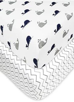 TL Care TL Care 2 Pack Printed 100% Cotton Jersey Knit Fitted Crib Sheet for Standard Crib and Toddler Mattresses, Navy Whale/Zigzag, 28 x 52, for Boys and Girls 