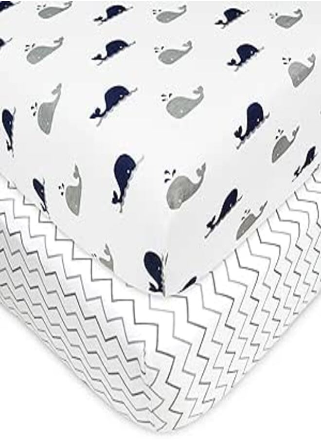 TL Care TL Care 2 Pack Printed 100% Cotton Jersey Knit Fitted Crib Sheet for Standard Crib and Toddler Mattresses, Navy Whale/Zigzag, 28 x 52, for Boys and Girls 