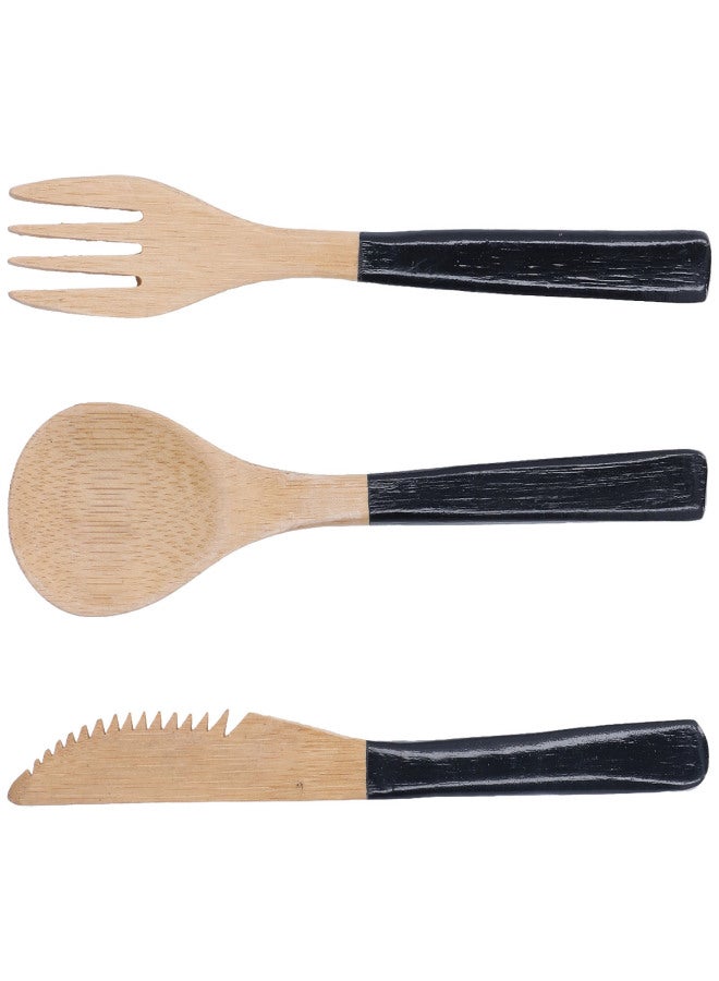 3Pcs Japanese Wooden Cutlery Set Safe BPA Free Wooden Cutlery Spoons Forks Knives for KitchenBlack - Image 2