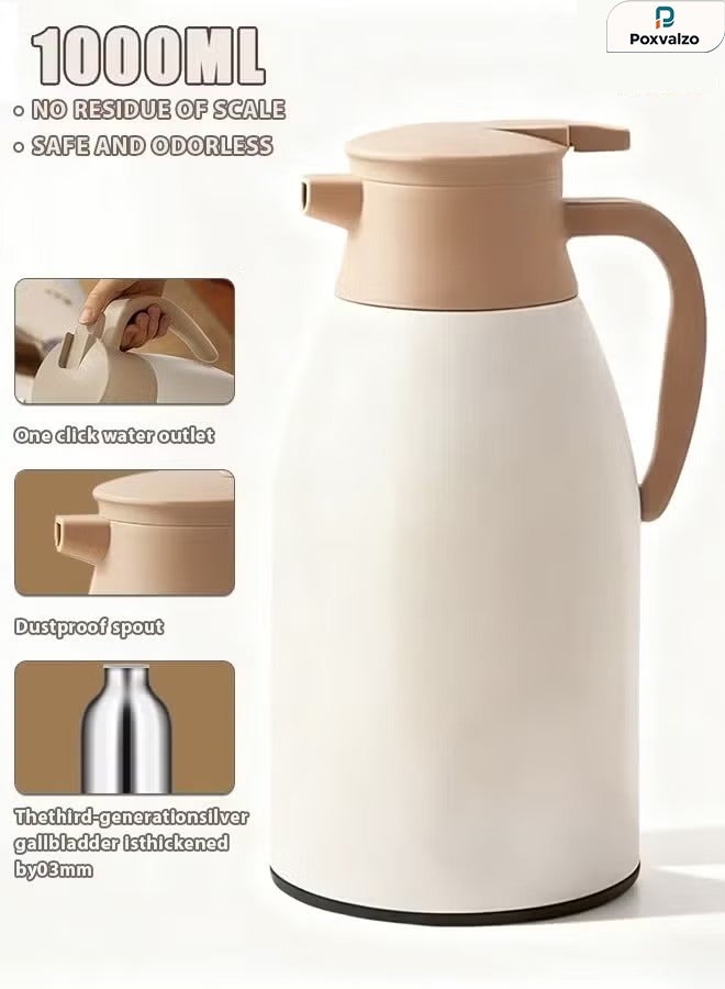Poxvalzor 1000mlThermos flask, Vacuum Flask,Seven layer temperature locked insulation kettle,，Temperature display Warm water kettle,48 hour vacuum glass insulation lined hot water bottle，Press the water outlet thermos to warm up the kettle Thickened dustproof spout Very suitable for families, offices, travelers, and elderly people to make tea and coffee(white) - Image 1