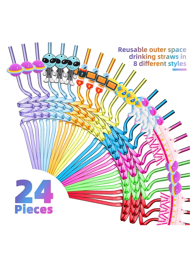 Straws Reusable Solar System Plastic Straws Rocket Spaceship Astronaut Satellite Planet Straws for Birthday Party Baby Shower Favors Decorations 24 Pieces - Image 2