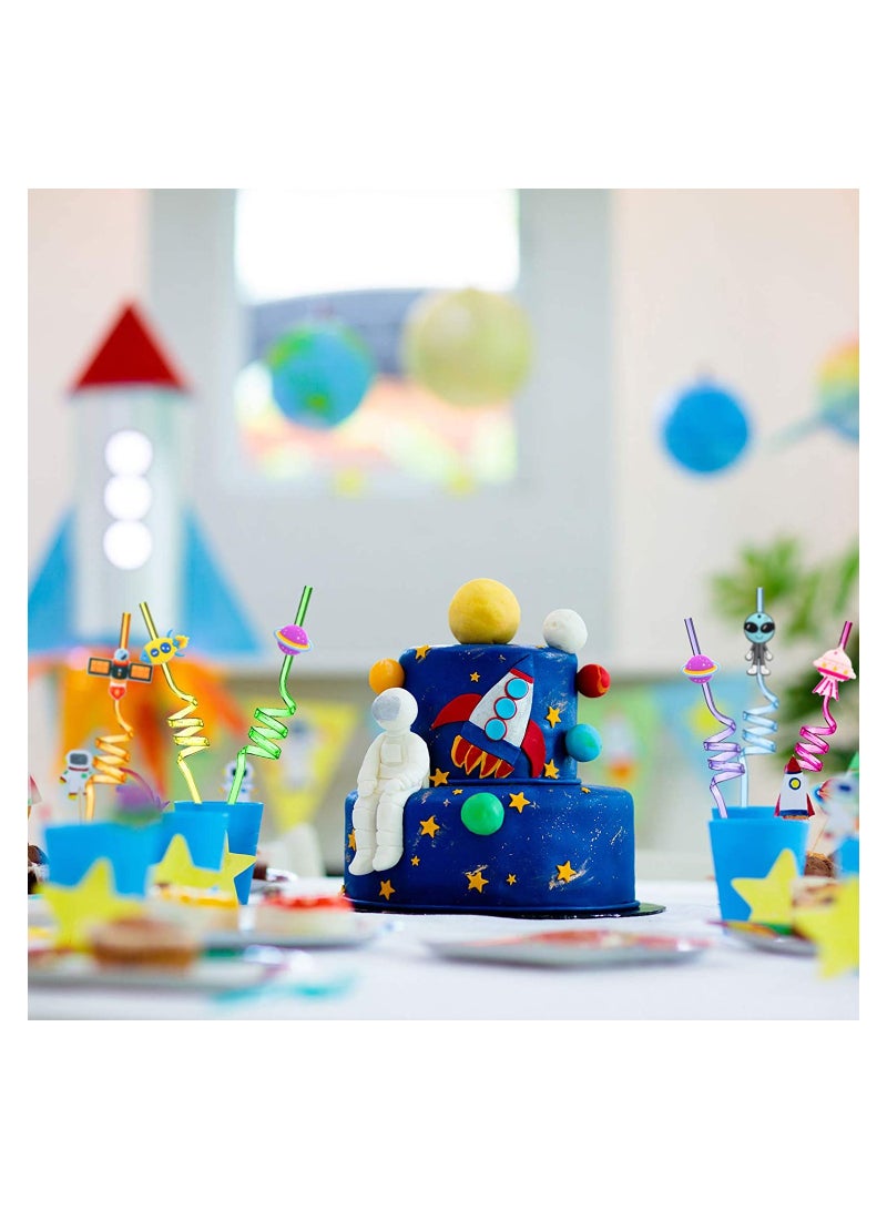 Straws Reusable Solar System Plastic Straws Rocket Spaceship Astronaut Satellite Planet Straws for Birthday Party Baby Shower Favors Decorations 24 Pieces - Image 3