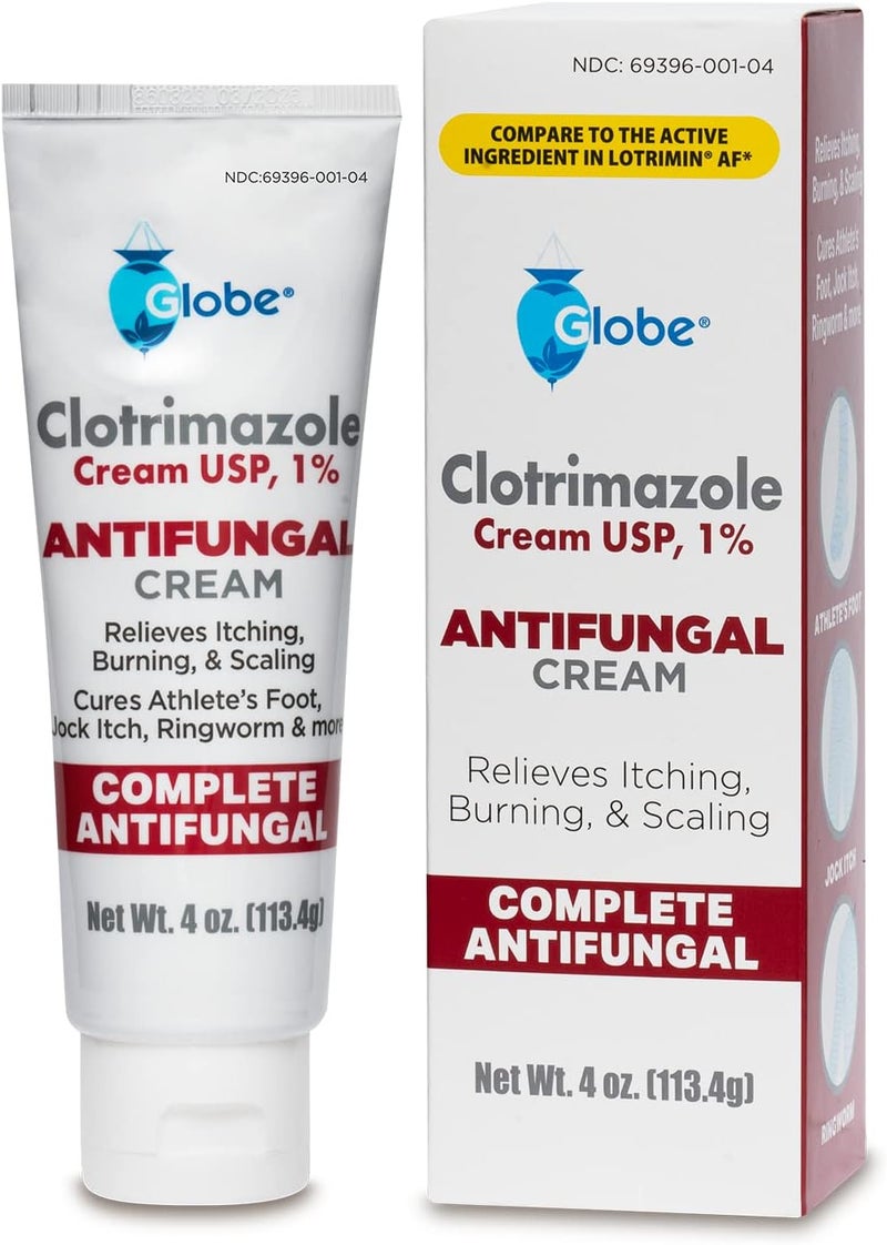 Globe Clotrimazole Antifungal Cream 1% USP, 4 oz, Anti Fungal Treatment, Relieves Itching, Burning, Cracking and Scaling Associated Athletes Foot, Jock Itch, Ringworm and More
