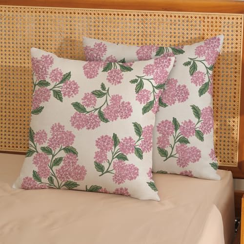DAFENA Preppy Pink Spring Pillow Covers 18x18 Inch 2 Pcs Green Hydrangea Flower Decor Throw Pillows Vintage Floral Seasonal Summer Outdoor Decoration Pillowcase Linen Cushion Cover for Couch Sofa - Image 3