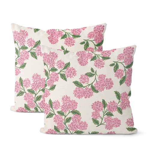 DAFENA Preppy Pink Spring Pillow Covers 18x18 Inch 2 Pcs Green Hydrangea Flower Decor Throw Pillows Vintage Floral Seasonal Summer Outdoor Decoration Pillowcase Linen Cushion Cover for Couch Sofa - Image 1