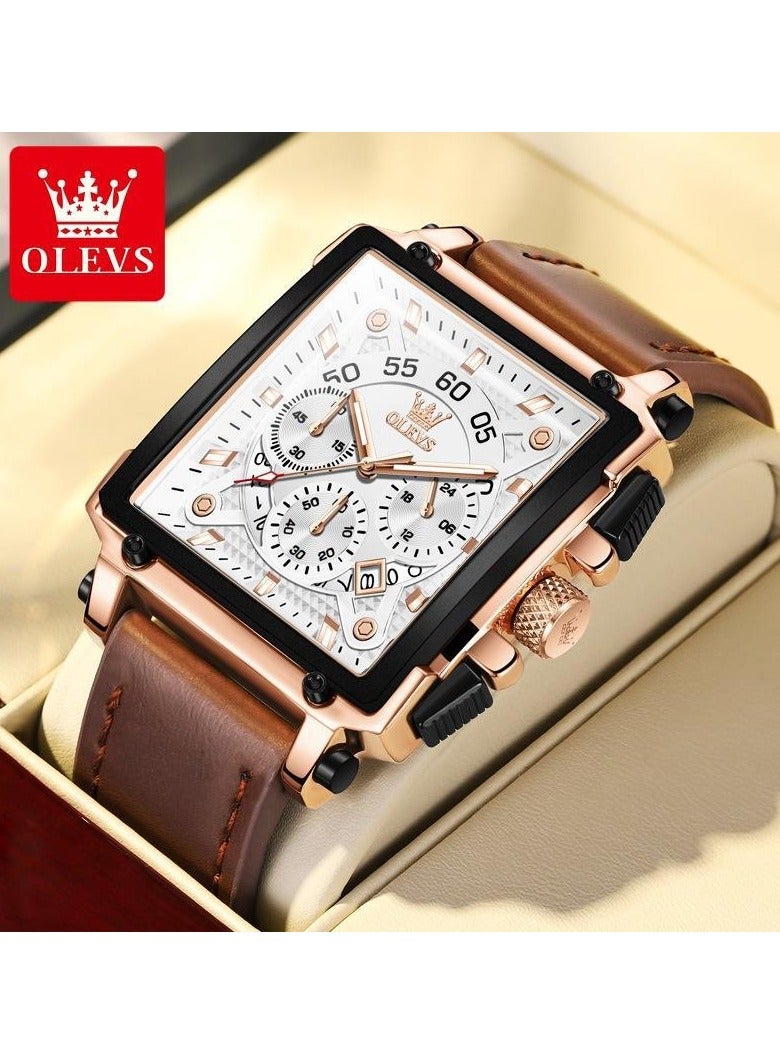 أوليفز ساعة OLEVS للرجال متعددة الوظائف مصنوعة من الجلد، كوارتز، ساعة كلاسيكية مربعة الشكل 9919 - Image 1