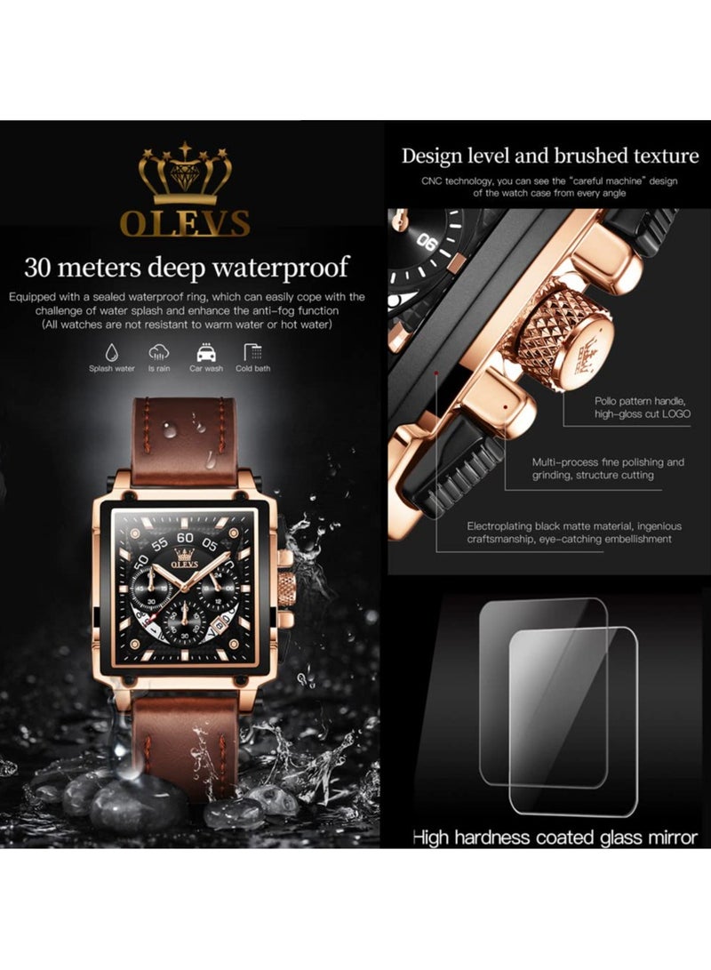 أوليفز ساعة OLEVS للرجال متعددة الوظائف مصنوعة من الجلد، كوارتز، ساعة كلاسيكية مربعة الشكل 9919 - Image 2