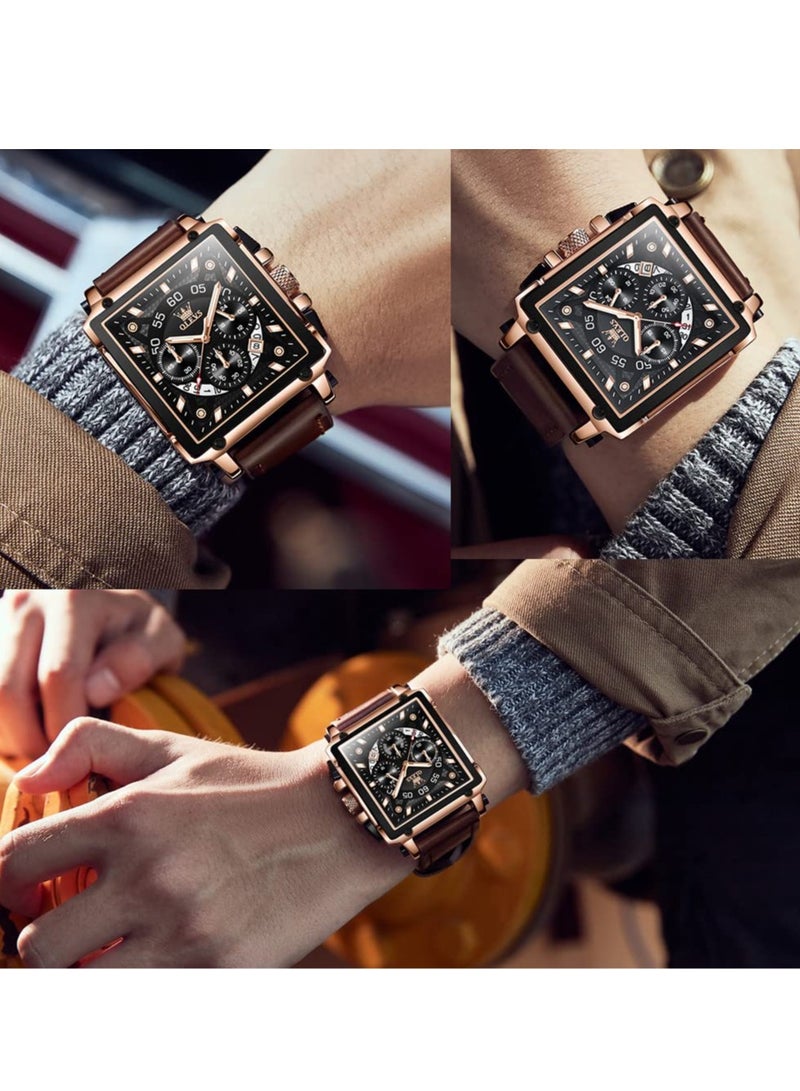 أوليفز ساعة OLEVS للرجال متعددة الوظائف مصنوعة من الجلد، كوارتز، ساعة كلاسيكية مربعة الشكل 9919 - Image 3