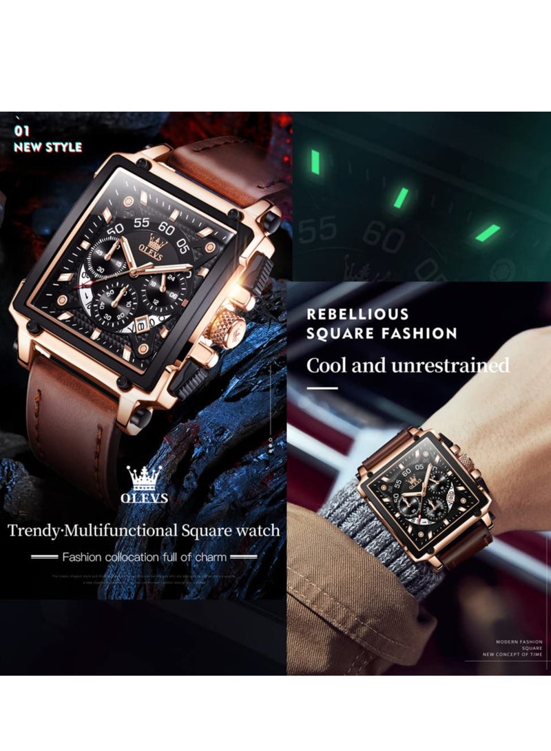 أوليفز ساعة OLEVS للرجال متعددة الوظائف مصنوعة من الجلد، كوارتز، ساعة كلاسيكية مربعة الشكل 9919 - Image 4