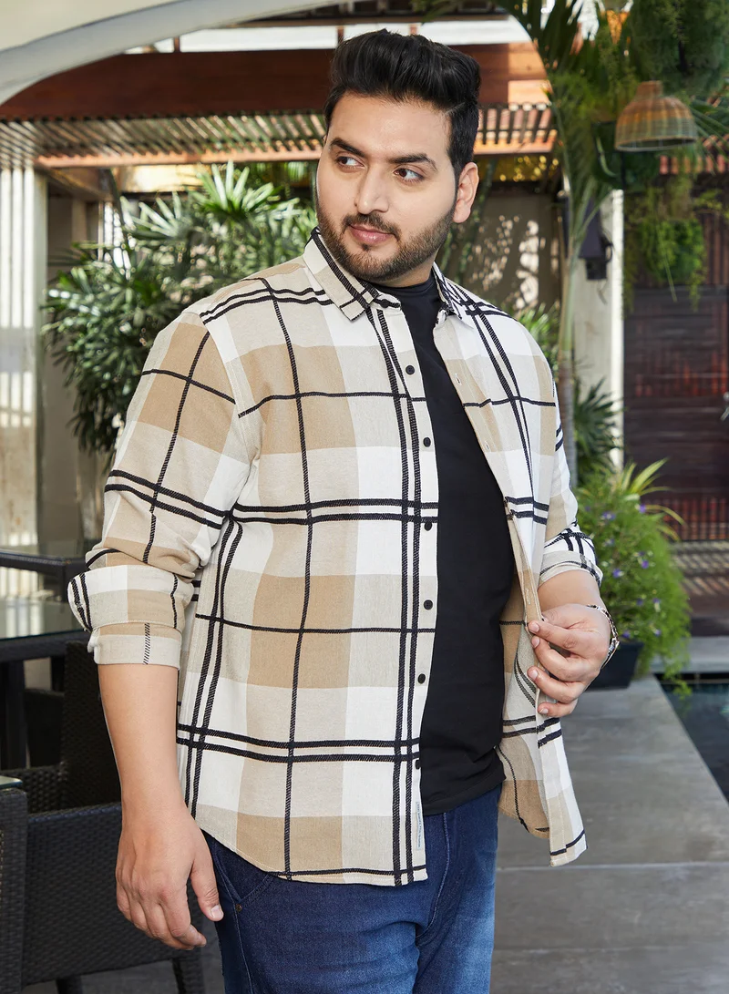Instafab Plus Instafab Plus Men's Sand Beige Overlaid Grid Shirt For Casual Wear | Spread Collar | Long Cuffed Sleeves | Button Closure | Plus Size Shirt Crafted With Comfort Fit For Everyday Wear