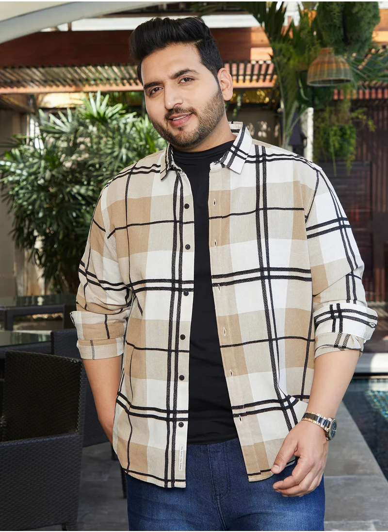 Instafab Plus Instafab Plus Men's Sand Beige Overlaid Grid Shirt For Casual Wear | Spread Collar | Long Cuffed Sleeves | Button Closure | Plus Size Shirt Crafted With Comfort Fit For Everyday Wear