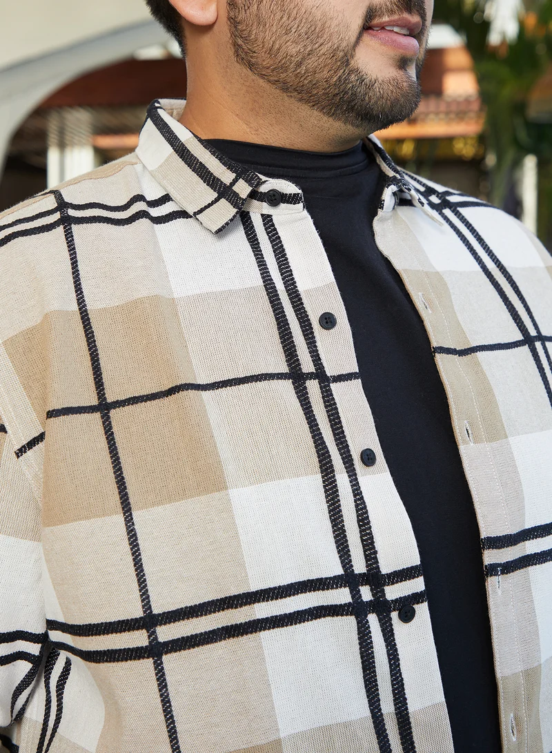 Instafab Plus Instafab Plus Men's Sand Beige Overlaid Grid Shirt For Casual Wear | Spread Collar | Long Cuffed Sleeves | Button Closure | Plus Size Shirt Crafted With Comfort Fit For Everyday Wear