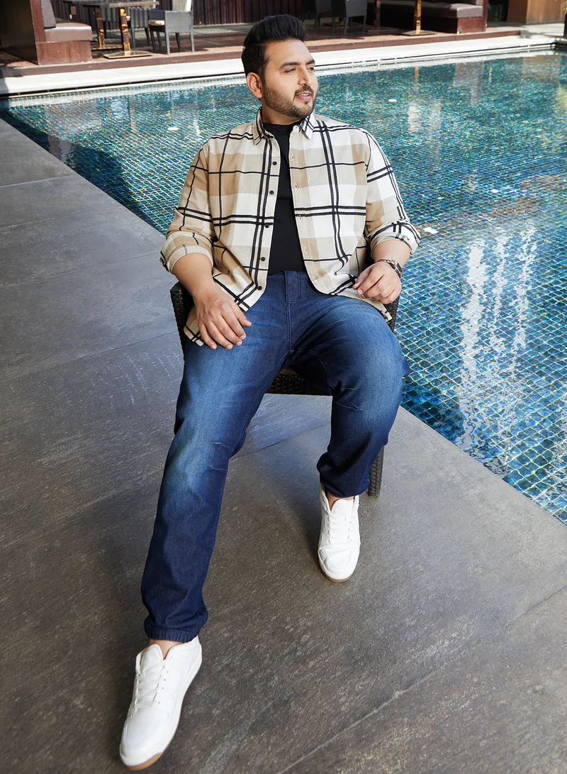 Instafab Plus Instafab Plus Men's Sand Beige Overlaid Grid Shirt For Casual Wear | Spread Collar | Long Cuffed Sleeves | Button Closure | Plus Size Shirt Crafted With Comfort Fit For Everyday Wear