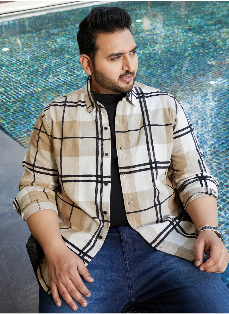 Instafab Plus Instafab Plus Men's Sand Beige Overlaid Grid Shirt For Casual Wear | Spread Collar | Long Cuffed Sleeves | Button Closure | Plus Size Shirt Crafted With Comfort Fit For Everyday Wear