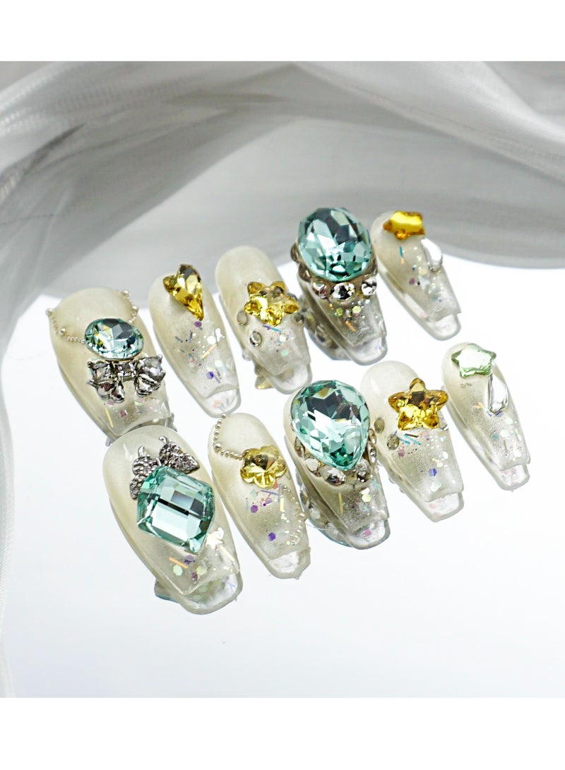 تصميم الفنان/صانعة الأميرة ثلاثية الأبعاد (يدوية الصنع)/أظافر ملصقة فاخرة مرسومة باليد/طويلة الشكل (كوفن)/10 قطع/حجم M - Image 1