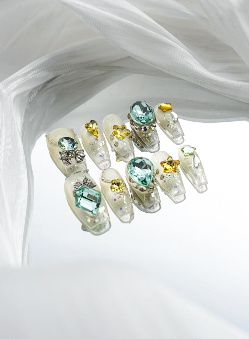 تصميم الفنان/صانعة الأميرة ثلاثية الأبعاد (يدوية الصنع)/أظافر ملصقة فاخرة مرسومة باليد/طويلة الشكل (كوفن)/10 قطع/حجم M - Image 2