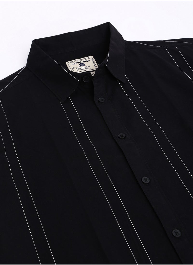 Dennis Lingo Slim Fit Black Men's Striped Shirt, Spread Collar, Half Sleeves, 100% Cotton,  - Image 2