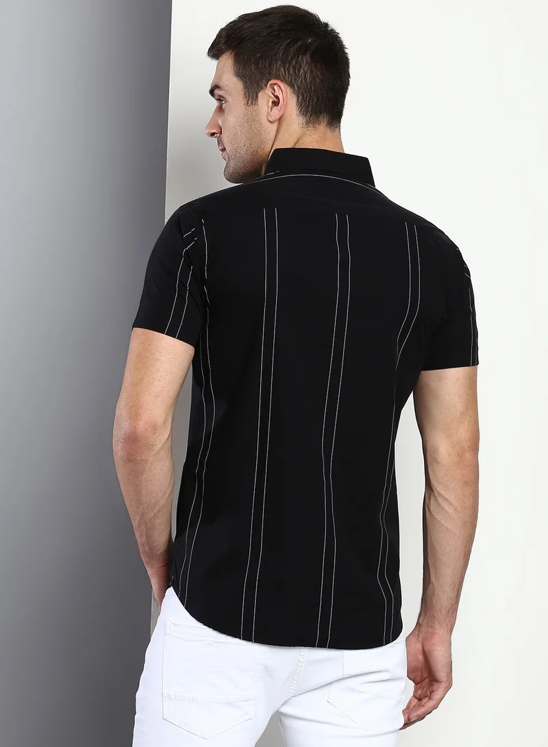 Dennis Lingo Slim Fit Black Men's Striped Shirt, Spread Collar, Half Sleeves, 100% Cotton,