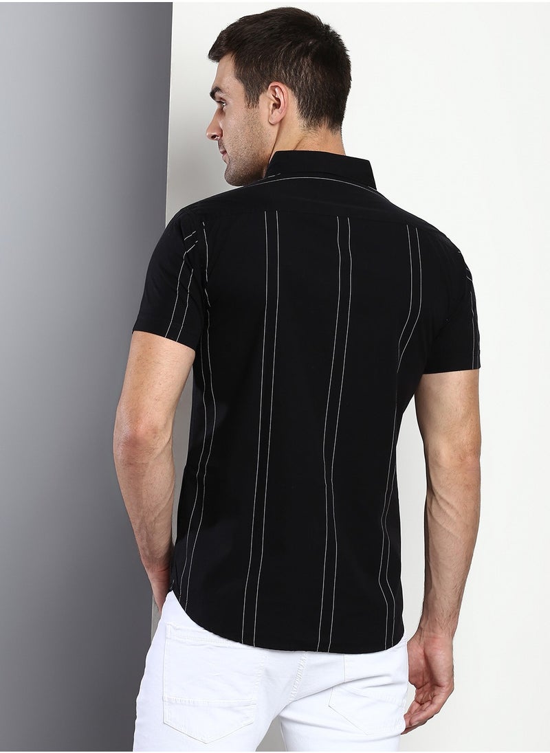 Dennis Lingo Slim Fit Black Men's Striped Shirt, Spread Collar, Half Sleeves, 100% Cotton,  - Image 3