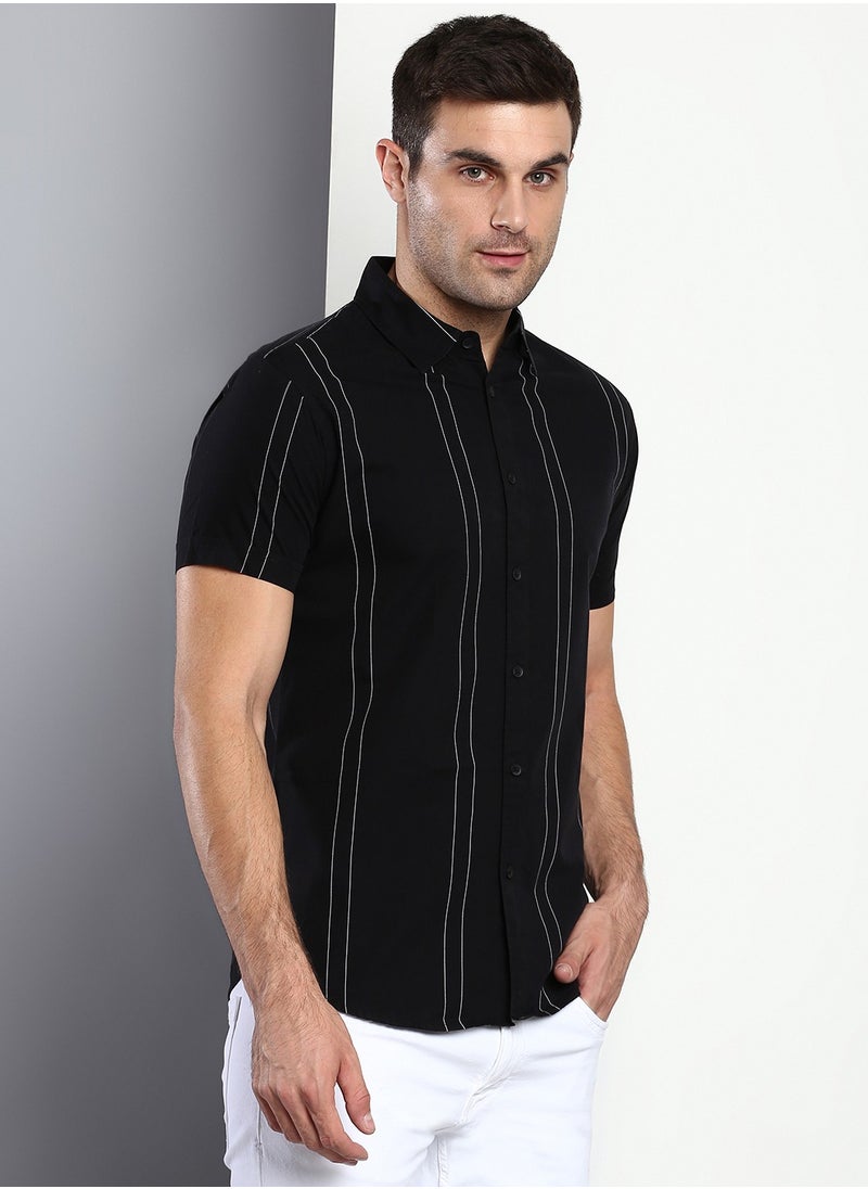 Dennis Lingo Slim Fit Black Men's Striped Shirt, Spread Collar, Half Sleeves, 100% Cotton,  - Image 5