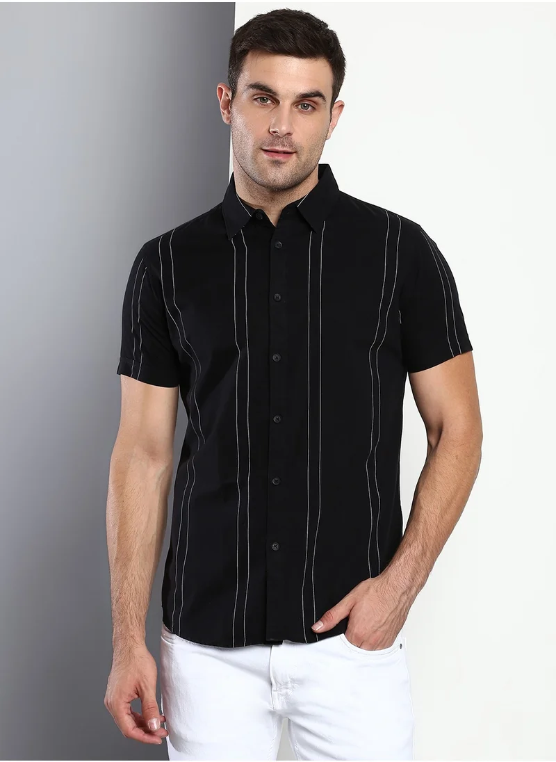 دينيس لينغو Slim Fit Black Men's Striped Shirt, Spread Collar, Half Sleeves, 100% Cotton