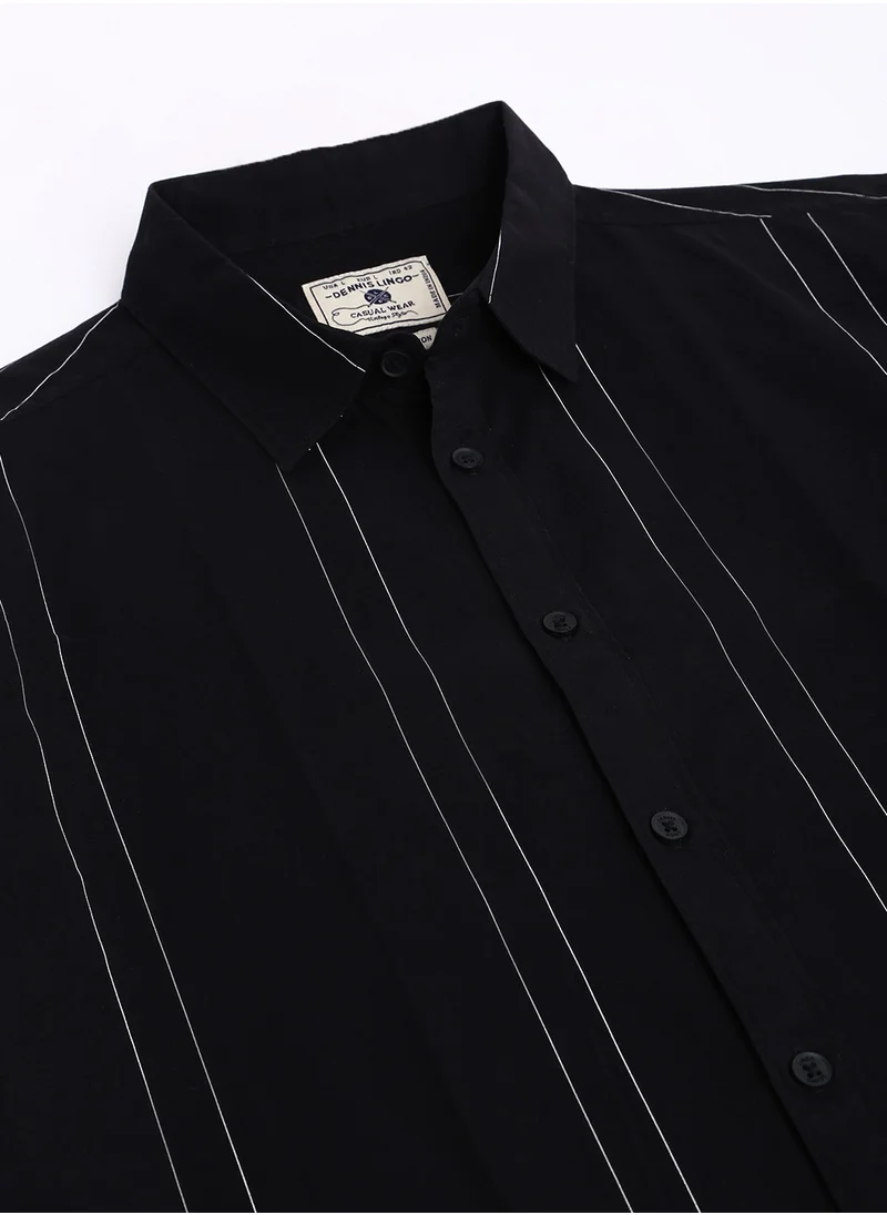 دينيس لينغو Slim Fit Black Men's Striped Shirt, Spread Collar, Half Sleeves, 100% Cotton