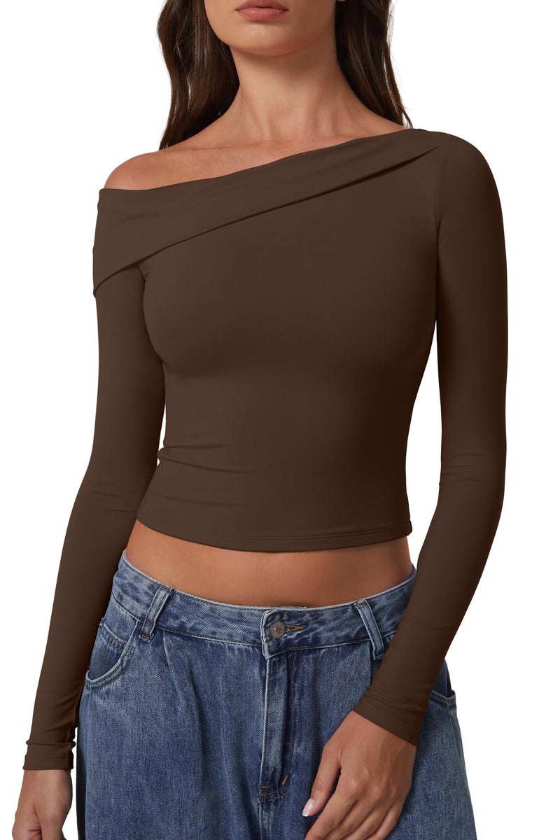 QINSEN Women's Off Shoulder Tops Long Sleeve Shirts Y2K Going Out Double-Layer Crop Top Brown XS - Image 1