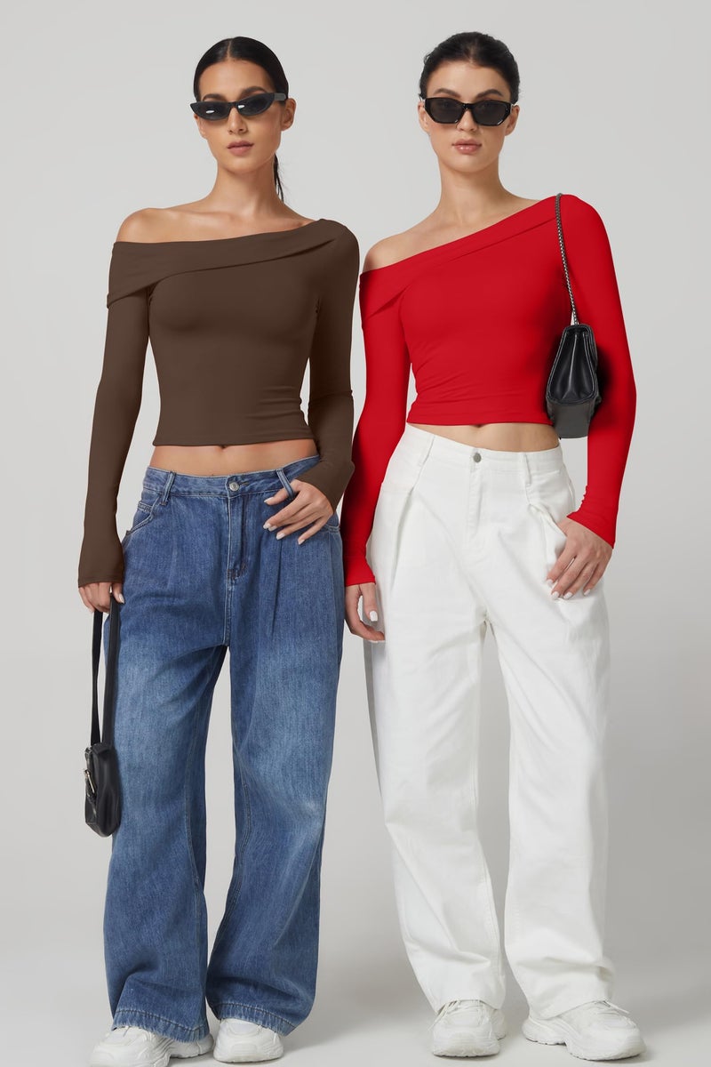 QINSEN Women's Off Shoulder Tops Long Sleeve Shirts Y2K Going Out Double-Layer Crop Top Brown XS - Image 3